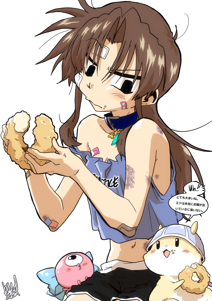 1girl absurdres animal bandage_on_face bandages bandaid bandaid_on_arm bandaid_on_face black_eyes black_shorts blue_bow blue_tank_top bow brown_hair bruise doughnut eating ed-chan_(edkuroki) edkuroki food hair_intakes hamster helmet highres injury long_hair looking_at_animal messy_hair navel original shorts signature simple_background solo tank_top translation_request white_background