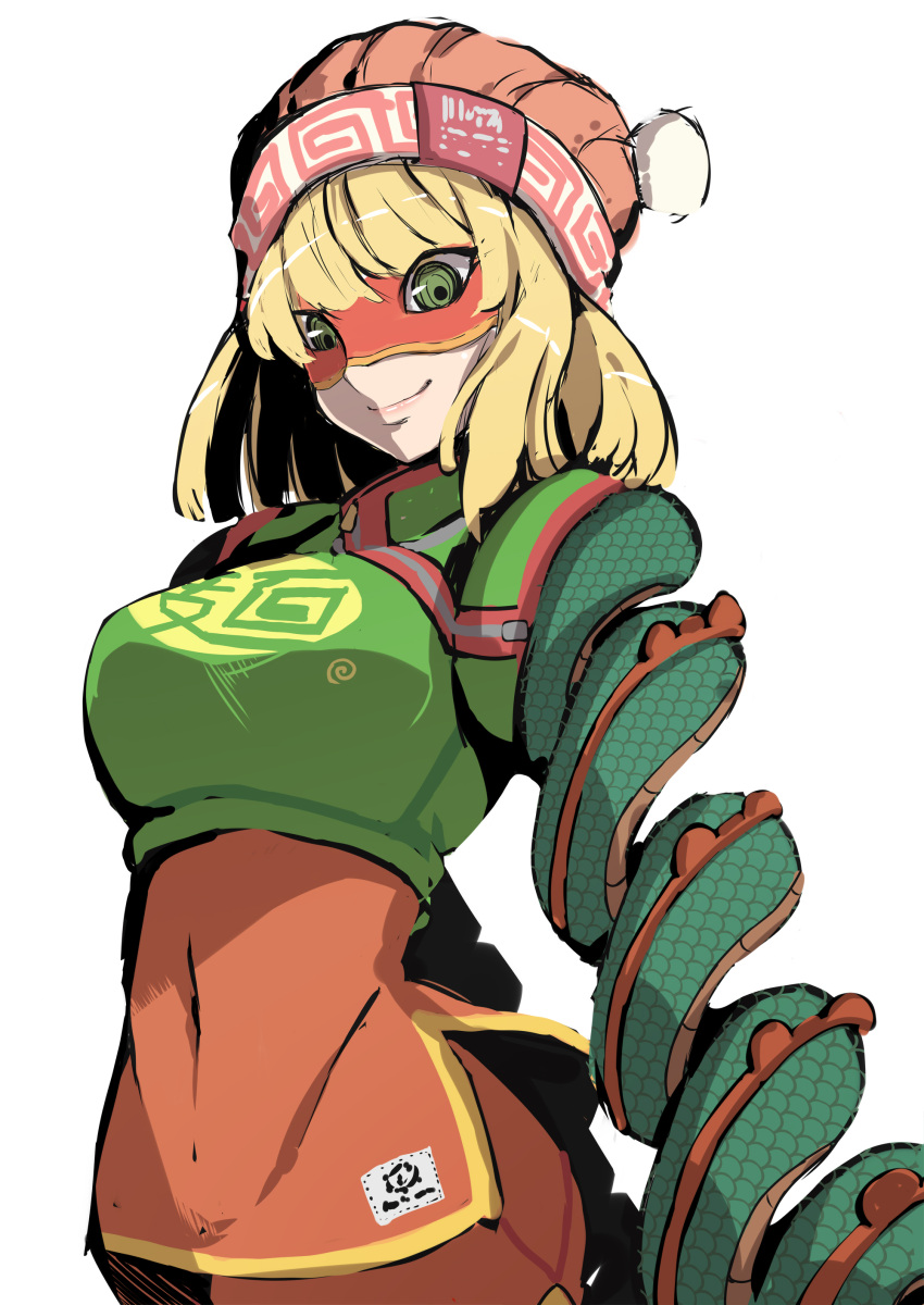 1girl absurdres arms_(game) blonde_hair breasts closed_mouth covered_navel domino_mask dragon_(arms) green_eyes hat highres knit_hat large_breasts mask medium_hair min_min_(arms) orange_headwear pakotaroh ringed_eyes simple_background smile solo white_background zipper_pull_tab