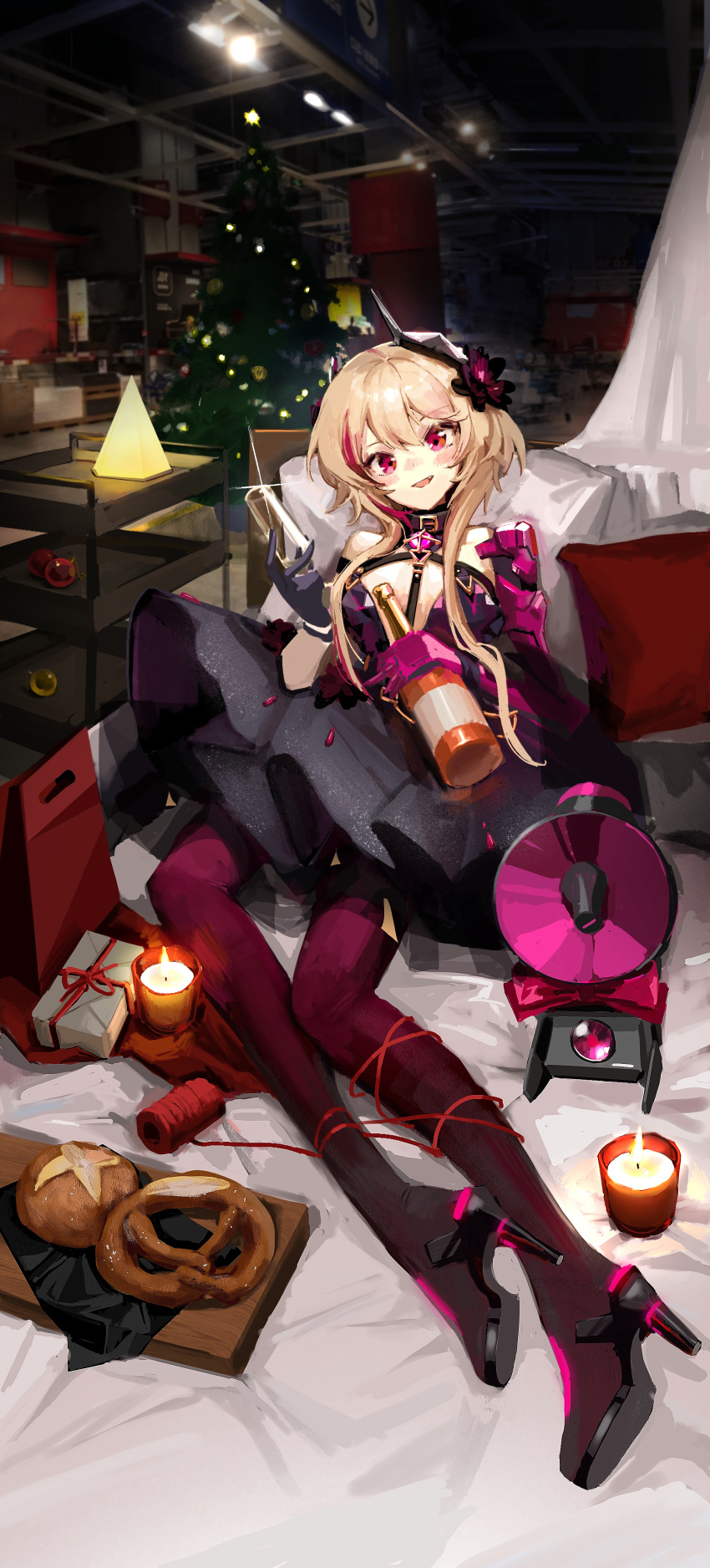 1girl absurdres banana_(girls'_frontline) black_dress blonde_hair blush bottle box candle champagne_flute christmas_tree collar cup dress drinking_glass food gift gift_box girls'_frontline gloves high_heels highres holding holding_bottle hukurou96 long_hair looking_at_viewer m4_sopmod_ii_(devourer_of_the_feast)_(girls'_frontline) m4_sopmod_ii_(girls'_frontline) mechanical_arms multicolored_hair official_alternate_costume pantyhose pink_pantyhose pretzel red_eyes red_hair single_glove single_mechanical_arm streaked_hair