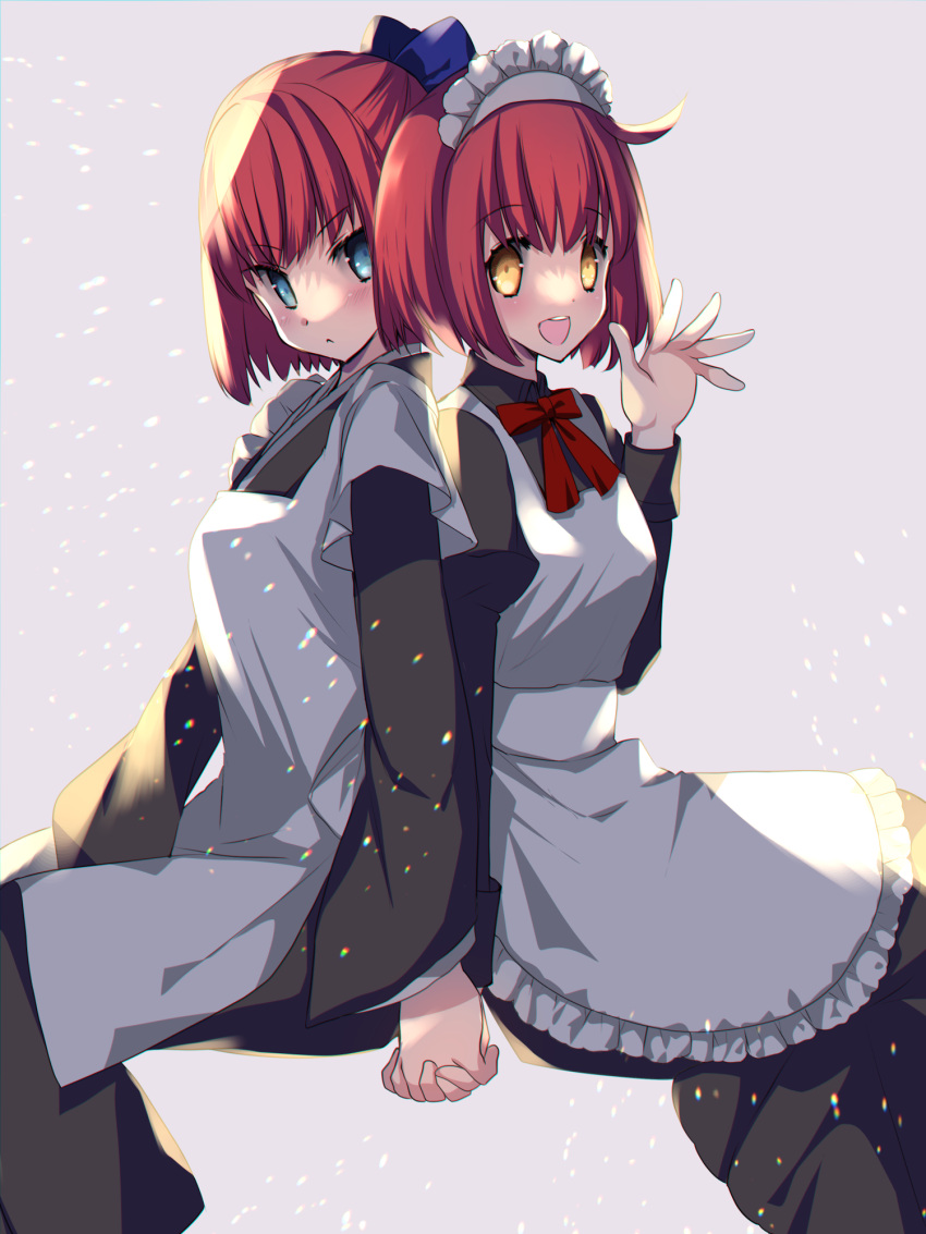 2girls :&lt; alternate_costume apron bangs black_dress black_kimono blue_bow blue_eyes bow bowtie closed_mouth commentary_request cosplay costume_switch dress eyebrows_visible_through_hair frilled_apron frills hair_between_eyes hair_bow half_updo highres hisui_(tsukihime) hisui_(tsukihime)_(cosplay) holding holding_hands japanese_clothes kimono kohaku_(tsukihime) kohaku_(tsukihime)_(cosplay) long_sleeves looking_at_viewer maid maid_apron maid_headdress multiple_girls open_mouth red_bow red_hair siblings simple_background sisters sitting smile tajima_yoshikazu teeth tsukihime tsukihime_(remake) twins upper_teeth wa_maid white_apron wide_sleeves yellow_eyes