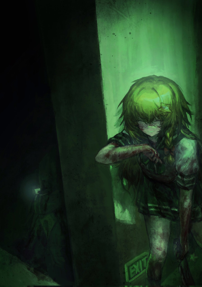 2girls black_skirt blood blood_on_hands blood_on_knife bow braid closed_eyes commentary_request cookie_(touhou) corrupted_twitter_file exit_sign feet_out_of_frame green_theme grin hair_between_eyes hair_bow hair_ornament highres holding holding_knife joker_(cookie) kaiten_gunshuu_no_kage kirisame_marisa knife leaning_forward long_bangs long_hair mizuhashi_parsee multiple_girls pleated_skirt red_bow school_uniform serafuku shirt side_braid single_braid sitting skirt smile standing star_(symbol) star_hair_ornament suzu_(cookie) touhou white_shirt