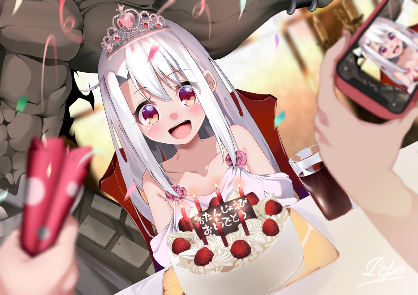 1boy 1girl bare_shoulders blush breasts cake candle cellphone collarbone cup dress fate/stay_night fate_(series) food heracles_(fate) highres illyasviel_von_einzbern long_hair open_mouth party_popper pei_iriya phone red_eyes sidelocks small_breasts smile solo_focus tiara translation_request white_dress white_hair