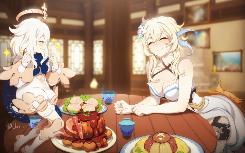 2girls adapted_costume bare_shoulders blonde_hair blush breasts closed_eyes cunnilingus dress face_in_ass floating flower food genshin_impact hair_between_eyes hair_flower hair_ornament hetero lumine_(genshin_impact) multiple_girls oral paimon_(genshin_impact) public_indecency shailo short_hair short_hair_with_long_locks sidelocks smile stealth_cunnilingus stealth_sex sweat tartaglia_(genshin_impact)