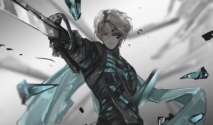 1boy black_bodysuit blue_bodysuit blue_cape blurry blurry_background bodysuit cape chinese_commentary chuantangfeng_draft commentary debris eyepatch grey_hair highres holding holding_sword holding_weapon looking_at_viewer male_focus one_eye_covered parted_bangs pointing pointing_at_viewer pointing_sword pointing_weapon punishing:_gray_raven scar scar_across_eye short_hair solo sword two-tone_bodysuit upper_body watanabe:_epitaph_(punishing:_gray_raven) watanabe_(punishing:_gray_raven) weapon yellow_eyes