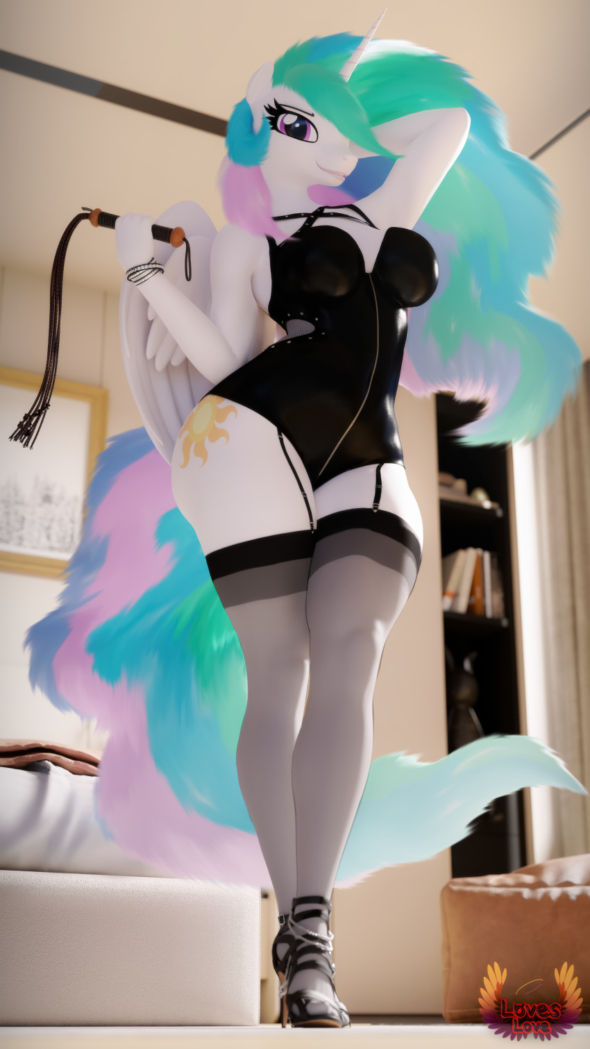 3d_(artwork) absurd_res anthro big_breasts biped breasts clothed clothing digital_media_(artwork) equid equine eyelashes feathered_wings feathers female footwear friendship_is_magic hasbro hi_res high_heels holding_object holding_whip horn legwear loveslove mammal my_little_pony princess_celestia_(mlp) pupils smile solo thick_thighs thigh_highs whip wide_hips winged_unicorn wings