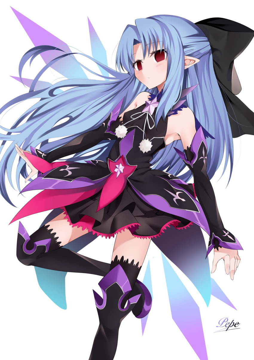 1girl ascot bare_shoulders black_bow black_dress black_footwear black_thighhighs blue_hair blush boots bow breasts cosplay detached_sleeves dress energy_wings fate/grand_order fate/kaleid_liner_prisma_illya fate_(series) hair_bow half_updo highres illyasviel_von_einzbern layered_skirt len_(tsukihime) looking_at_viewer parted_bangs pei_iriya pointy_ears purple_skirt red_eyes red_skirt sidelocks skirt small_breasts testament_(fate) testament_(fate)_(cosplay) thigh_boots thighhighs thighhighs_under_boots tsukihime