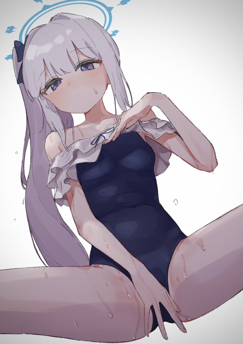1girl bare_arms bare_legs bare_shoulders black_one-piece_swimsuit blue_archive blue_halo blush breasts closed_mouth epi_zero frilled_one-piece_swimsuit frills grey_hair halo highres long_hair looking_at_viewer miyako_(blue_archive) miyako_(swimsuit)_(blue_archive) off-shoulder_one-piece_swimsuit off_shoulder official_alternate_costume one-piece_swimsuit ponytail purple_eyes small_breasts solo swimsuit wet white_background