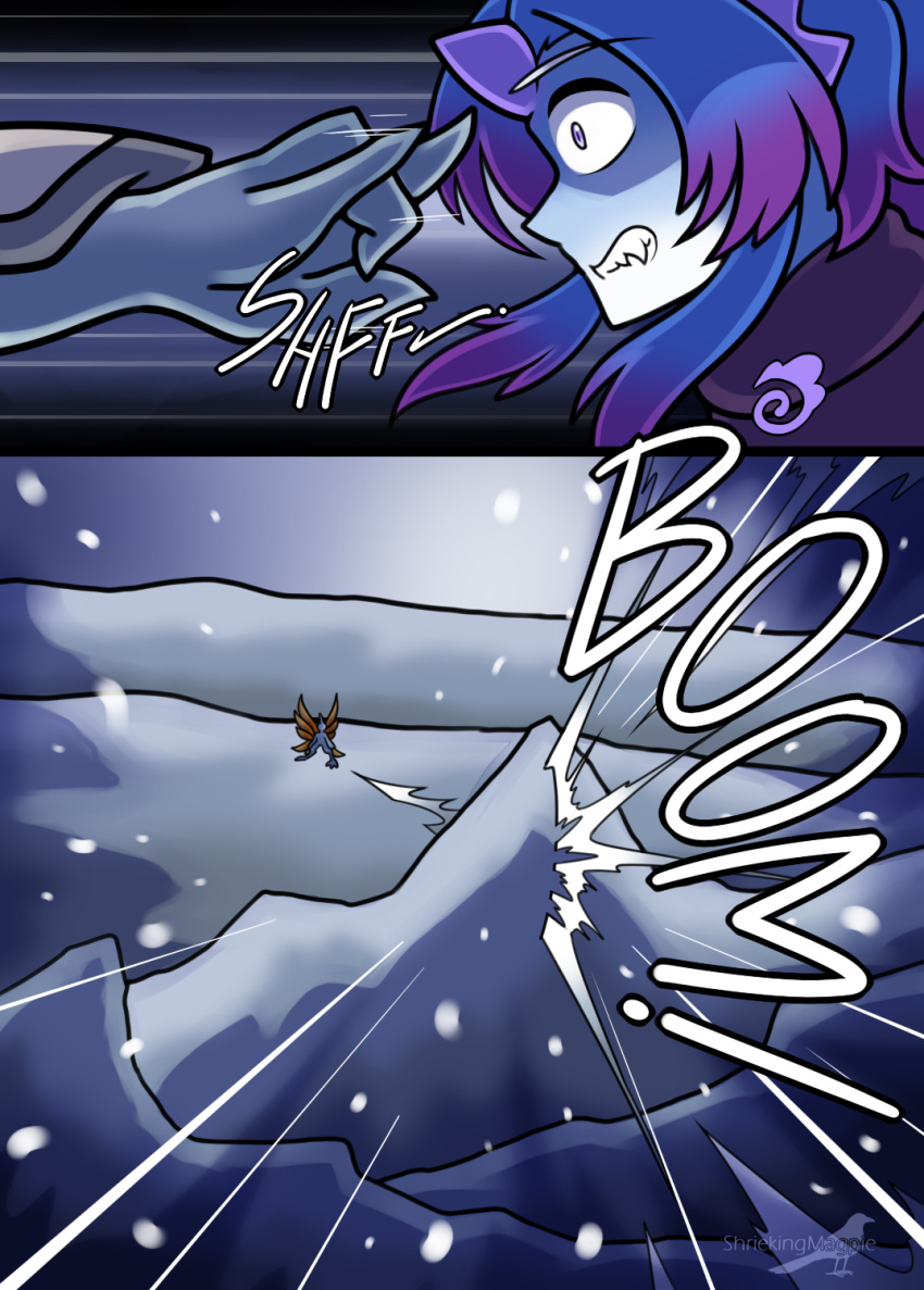 ambiguous_gender bared_fangs blue_hair clothed clothing comic duo english_text fangs hair hi_res horn horned_humanoid humanoid impact_lines monster_girl_(genre) monster_train outside purple_eyes purple_horn shriekingmagpie simple_background snow snowing snowing_outside teeth text violence winged_humanoid wings