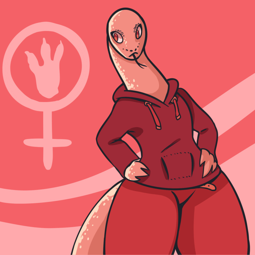 2019 anthro bald belt bottomwear breasts clothed clothing daatra_(dragon_romance) deer_(artist) digital_media_(artwork) dragon_romance eyelashes female female_symbol forked_tongue fully_clothed gender_symbol hands_on_hips hi_res hoodie long_neck medium_breasts pants pink_background pockets portrait red_bottomwear red_clothing red_eyes red_hoodie red_pants red_topwear reptile scales scalie simple_background snake solo standing symbol tail tan_body tan_scales three-quarter_portrait three-quarter_view tongue tongue_out topwear women's_day