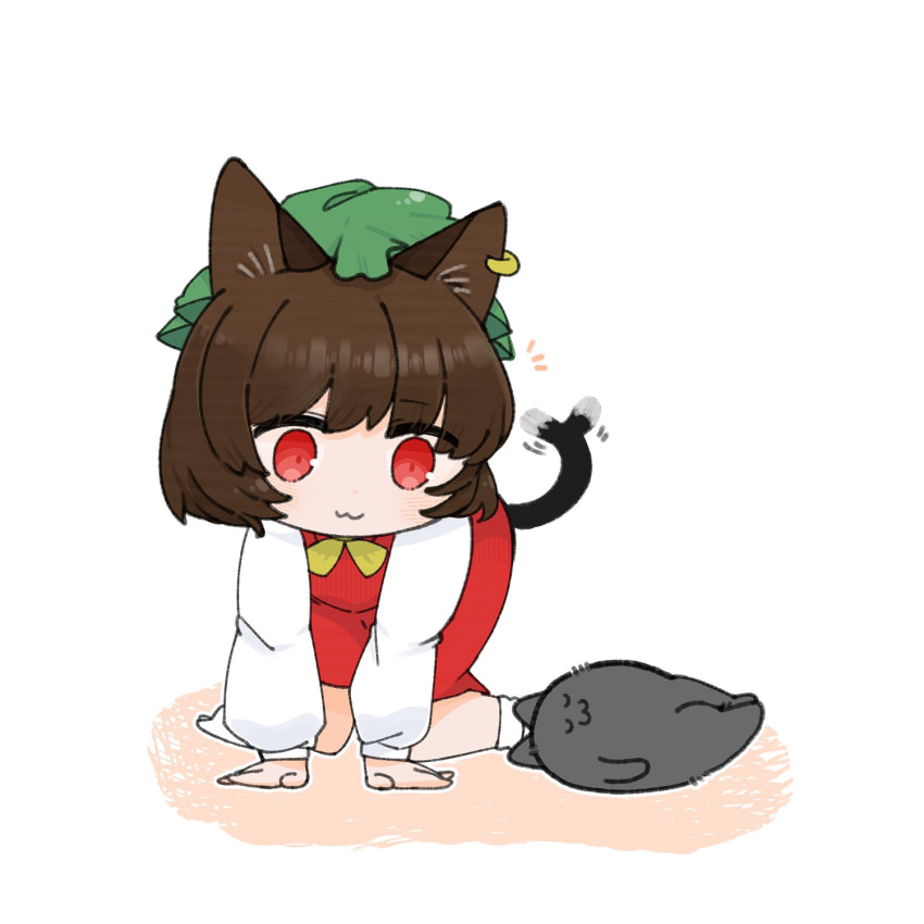 1girl :3 afterimage all_fours animal_ear_piercing animal_ears brown_hair cat_ears cat_tail chen dress earrings full_body green_headwear hat highres jewelry kurotaro looking_at_animal mob_cap no_shoes red_dress red_eyes short_hair simple_background single_earring sitting sleeping socks solo tail tail_wagging touhou wariza white_background