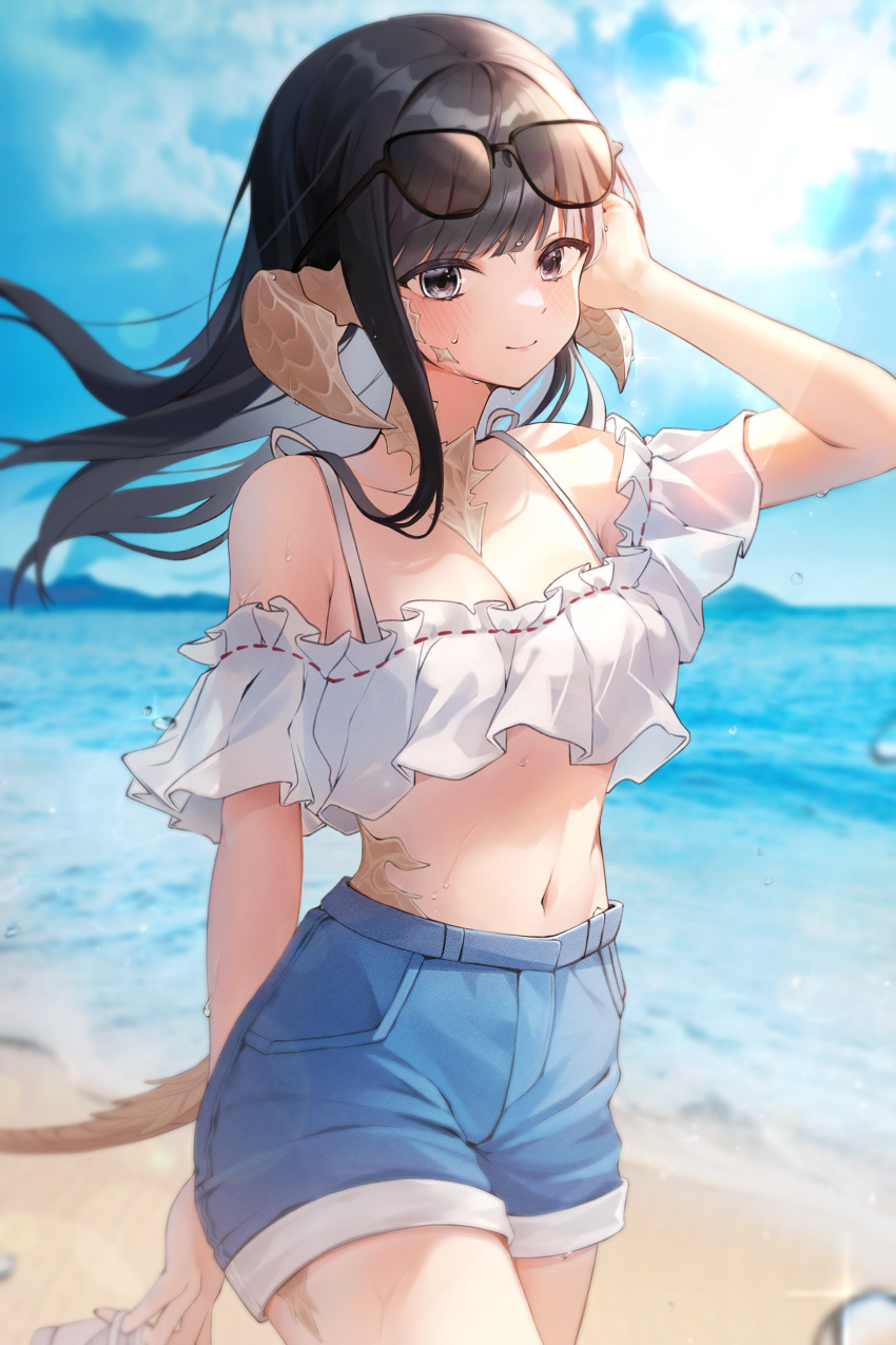 1girl absurdres arm_behind_back au_ra beach black_eyes black_hair breasts cleavage closed_mouth commission denim denim_shorts dragon_horns dragon_tail eyewear_on_head feet_out_of_frame final_fantasy final_fantasy_xiv frilled_bikini_top hand_on_own_head highres holding holding_clothes holding_footwear horns lens_flare light_blush light_smile lips looking_at_viewer medium_breasts midriff navel ocean original scales shorts solo sunglasses sunlight sweatdrop tail user_cnec8232 warrior_of_light_(ff14)