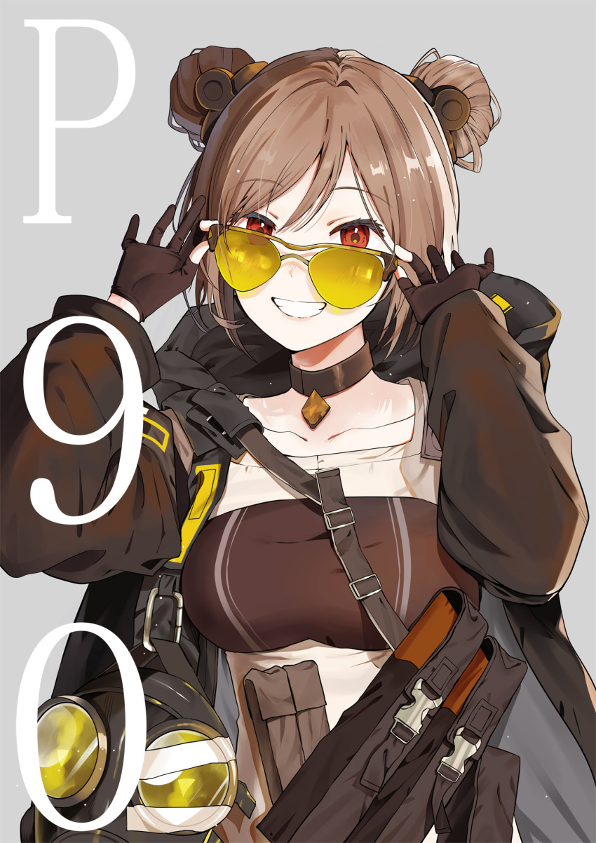 1girl ammunition_pouch black_coat black_gloves breasts brown_hair character_name choker coat commission double_bun gas_mask girls'_frontline gloves grey_background hair_between_eyes hair_bun highres kawahara_shino looking_at_viewer magazine_(weapon) mask open_clothes open_coat p90_(girls'_frontline) parted_lips partially_fingerless_gloves pouch red_eyes short_hair skeb_commission smile solo sunglasses teeth upper_body