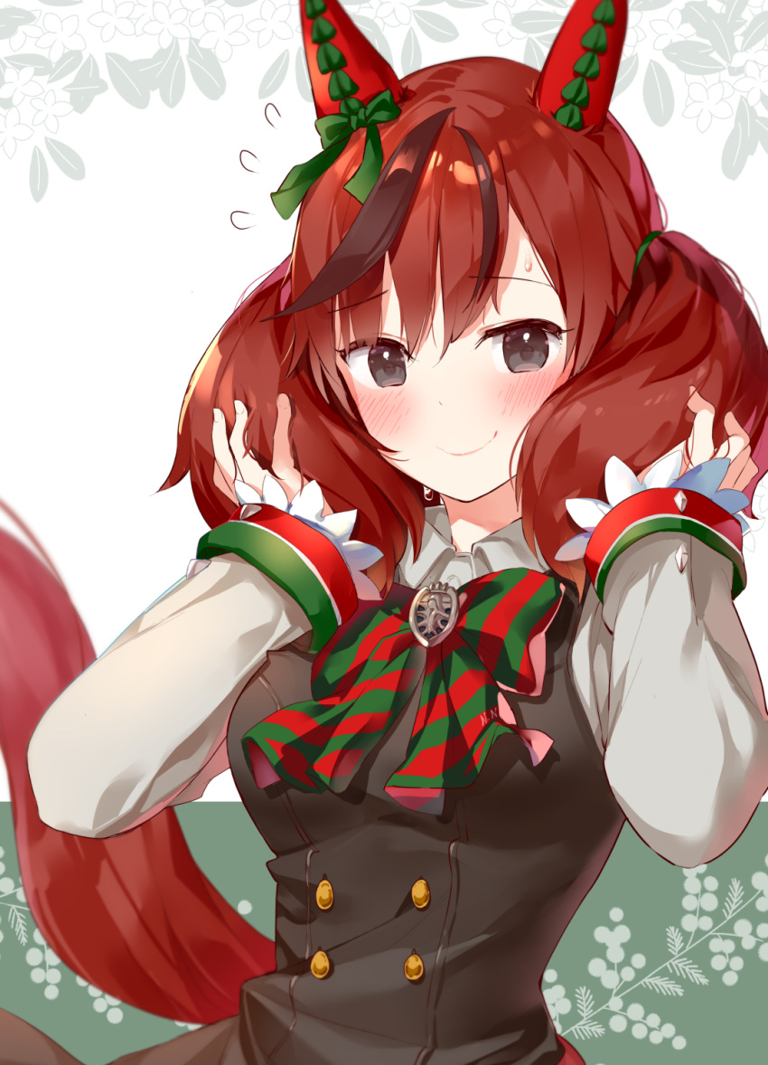 1girl animal_ears bangs blush bow bowtie brown_eyes brown_hair buttons closed_mouth colored_tips dot_nose double-breasted ear_covers ear_ribbon eyebrows_visible_through_hair green_bow green_bowtie green_ribbon hair_between_eyes highres horse_ears horse_girl horse_tail horseshoe_ornament long_sleeves looking_at_viewer medium_hair multicolored_hair nice_nature_(umamusume) parted_lips red_bow red_bowtie red_hair ribbon school_uniform shirt smile solo streaked_hair striped striped_bow striped_bowtie tail takasaka_donten twintails two-tone_bowtie umamusume upper_body