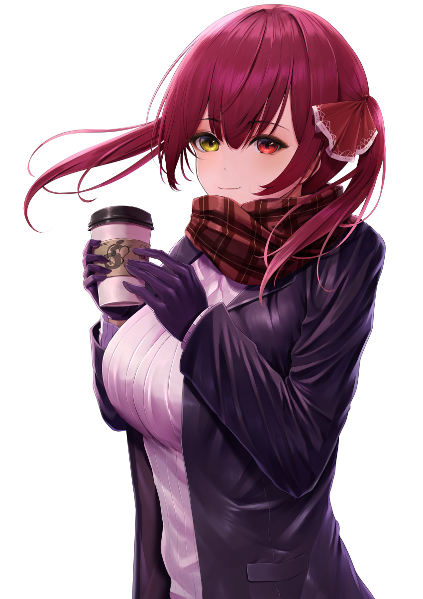 1girl absurdres bangs black_coat black_gloves black_jacket blush breasts chun_(sks_rr) coat cup disposable_cup floating_hair gloves hair_over_shoulder hair_ribbon hands_up heterochromia highres holding holding_cup hololive houshou_marine jacket large_breasts leather leather_jacket lipgloss long_hair long_sleeves looking_at_viewer plaid plaid_scarf red_eyes red_hair red_scarf ribbed_sweater ribbon scarf simple_background smile solo steam sweater twintails upper_body virtual_youtuber white_background white_sweater wind yellow_eyes