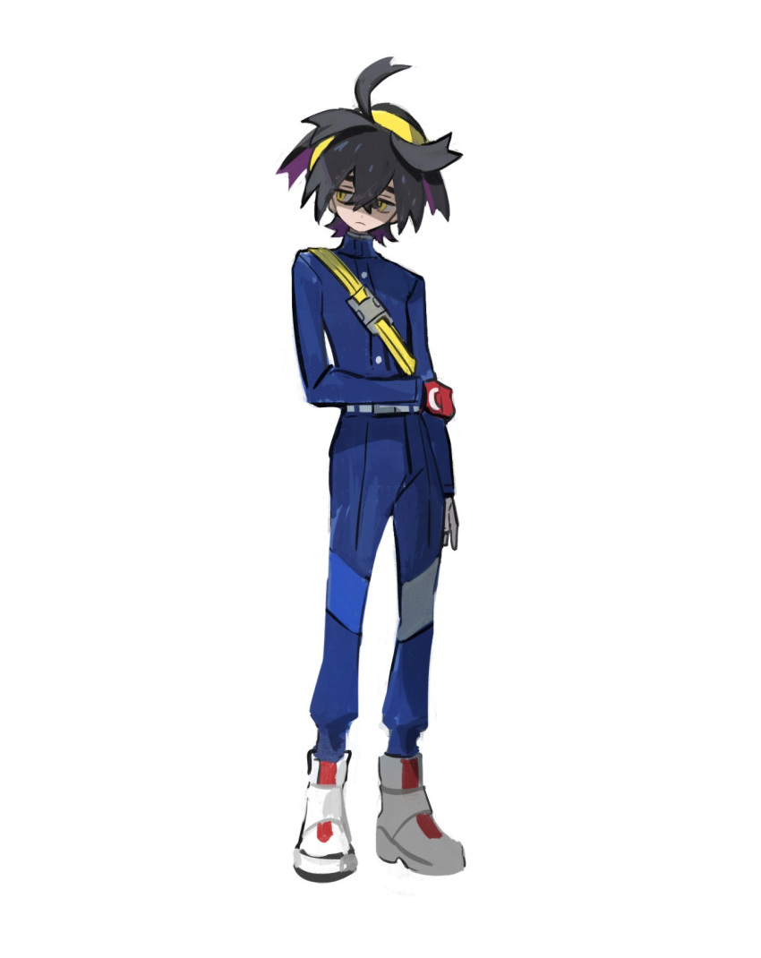 1boy ahoge black_hair blue_pants blue_shirt blueberry_academy_school_uniform buttons closed_mouth colored_inner_hair commentary_request crossed_bangs extraspiky full_body hairband high_tops highres kieran_(pokemon) male_focus multicolored_hair pants pokemon pokemon_sv purple_hair school_uniform shirt shoes short_hair simple_background slit_pupils sneakers solo standing two-tone_hair white_background white_footwear yellow_eyes yellow_hairband