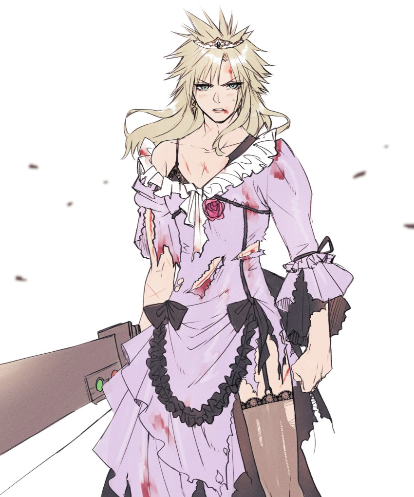 1boy ah_yoshimizu black_bow black_bra black_pantyhose blonde_hair blood blood_on_chest blood_on_clothes blood_on_dress blood_on_face blood_on_leg blood_on_mouth blue_eyes blush bow bra buster_sword clenched_hand cloud_strife commentary crossdressing cuts dangle_earrings dress earrings final_fantasy final_fantasy_vii final_fantasy_vii_remake flower frilled_dress frills garter_straps highres holding holding_sword holding_weapon injury jewelry juliet_sleeves lace lace_bra lace_trim long_hair long_sleeves male_focus pantyhose pink_flower pink_lips pink_rose puffy_sleeves purple_dress rose serious simple_background solo spiked_hair standing sweatdrop sword tiara torn_clothes torn_dress underwear upper_body weapon white_background wind