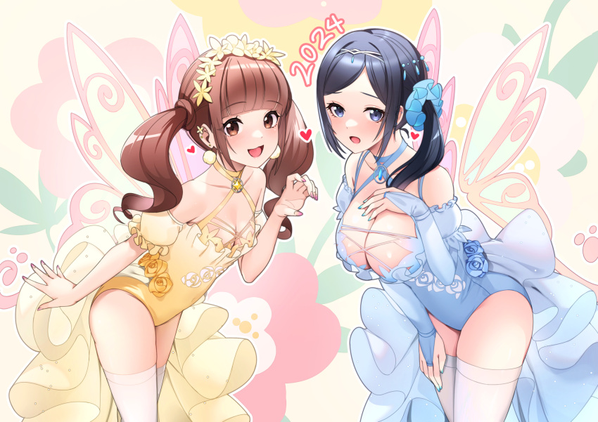 2girls black_hair blue_eyes blush breasts brown_hair butterfly_wings cowboy_shot healin'_good_precure highres hiramitsu_hinata insect_wings large_breasts leotard long_hair multiple_girls open_mouth ponytail precure rumo sawaizumi_chiyu scrunchie showgirl_skirt small_breasts smile strapless strapless_leotard thighhighs twintails white_thighhighs wings