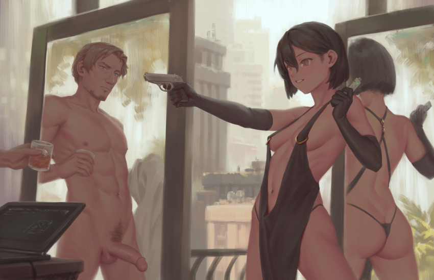 1boy 1girl alcohol ass beard bigrbear black_dress black_gloves black_hair bob_cut breasts brown_eyes brown_hair clothed_female_nude_male completely_nude cup dress elbow_gloves facial_hair gloves gun handgun highres holding holding_cup holding_gun holding_weapon medium_breasts mirror navel nude original reflection short_hair weapon