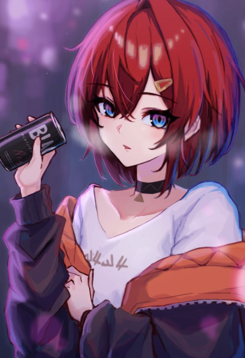 1girl ange_katrina ange_katrina_(5th_costume) black_choker black_jacket blue_eyes can choker hair_ornament highres hitanu holding holding_can jacket long_sleeves looking_at_viewer nijisanji open_clothes open_jacket parted_lips red_hair short_hair solo upper_body virtual_youtuber