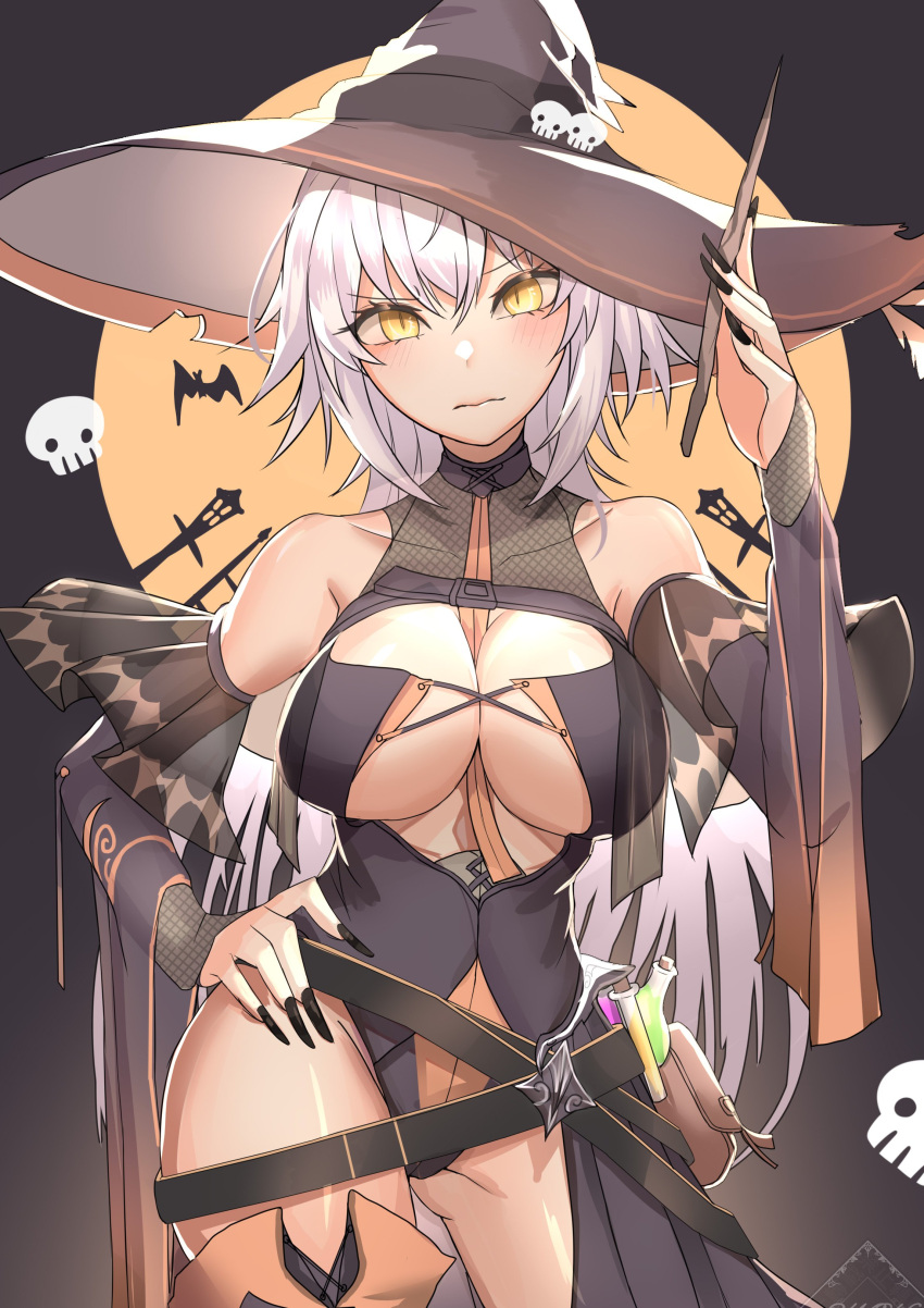 1girl absurdres bangs bare_shoulders belt blush breasts cleavage closed_mouth fate/grand_order fate_(series) halloween_costume hat highres jeanne_d'arc_(alter)_(fate) jeanne_d'arc_(fate) large_breasts looking_at_viewer pouch short_hair silver_hair test_tube thighs wand weyas_kayur witch_hat yellow_eyes