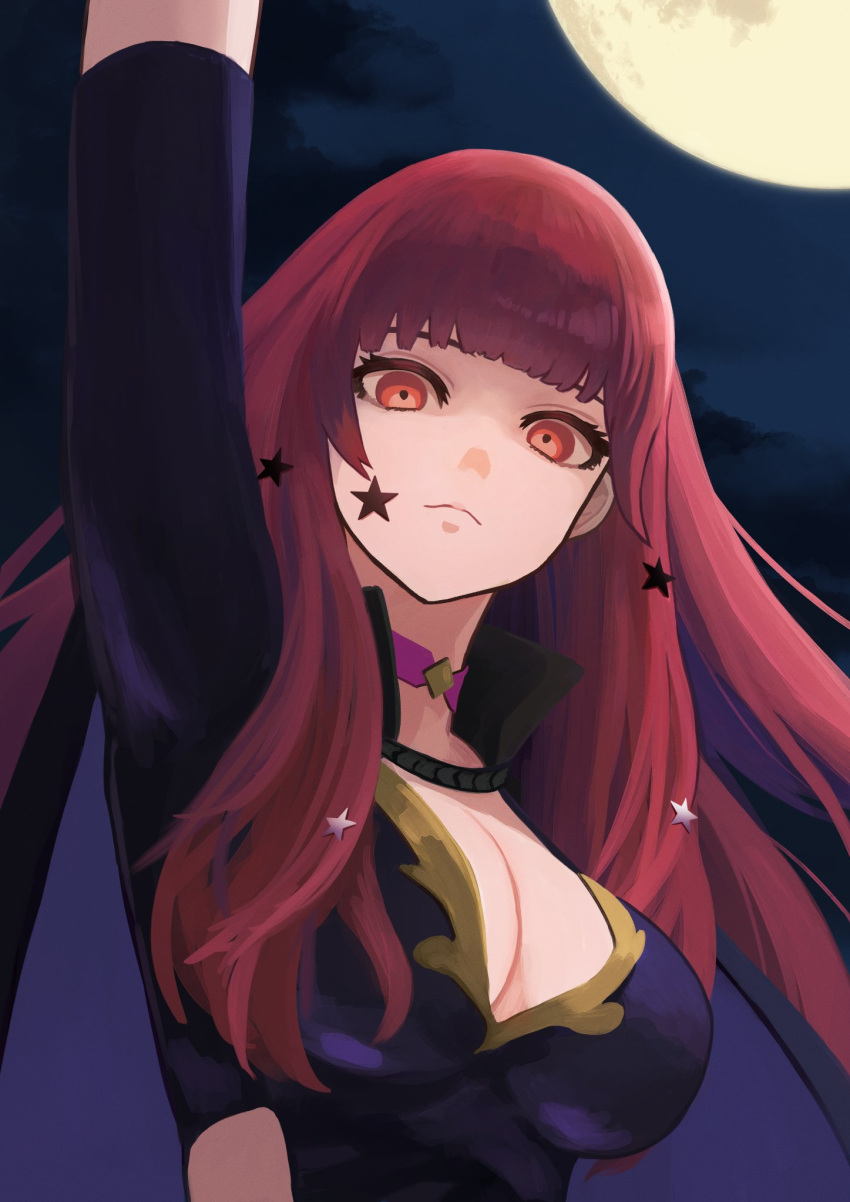 1girl arm_up bodysuit breasts cape cleavage clothing_cutout facial_mark fire_emblem fire_emblem_engage hair_ornament highres labebebe_lee long_hair looking_at_viewer moon night night_sky red_eyes red_hair sky solo star_(symbol) star_facial_mark star_hair_ornament yunaka_(fire_emblem)