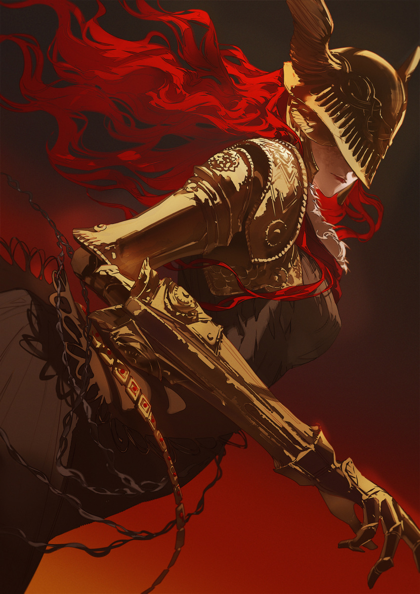 1girl armor closed_mouth commentary covered_eyes cowboy_shot elden_ring expressionless floating_hair gold_armor gradient_background helmet helmet_over_eyes highres long_hair malenia_blade_of_miquella mechanical_arms red_background red_hair satsuya shoulder_armor single_mechanical_arm solo very_long_hair wavy_hair winged_helmet