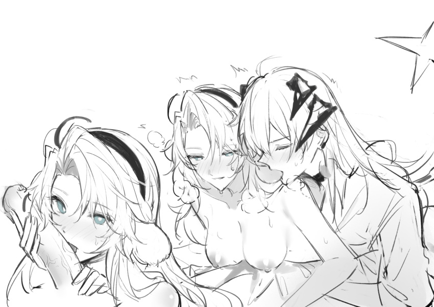 2girls arknights bite_mark bite_mark_on_shoulder blue_eyes blush breasts bright_pupils dragon_girl dragon_horns erection fellatio futa_with_female futanari greyscale highres horns joshua_(shisanli934) kristen_(arknights) large_penis licking licking_penis looking_at_viewer medium_breasts monochrome multiple_girls nipples oral penis pov pov_crotch saria_(arknights) sex simple_background sketch smile spot_color sweat uncensored veins veiny_penis white_background white_pupils