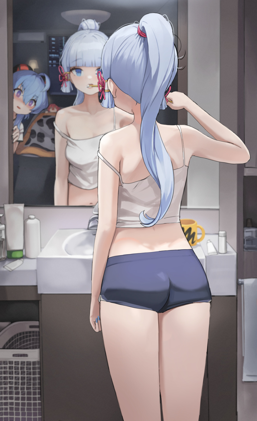 1boy 2girls absurdres ahoge alternate_costume arm_up ass bare_arms bare_shoulders blue_eyes blue_hair blue_shorts brushing_teeth camisole crop_top diluc_(genshin_impact) dolri ganyu_(genshin_impact) genshin_impact goat_horns high_ponytail highres horns kamisato_ayaka micro_shorts midriff mirror multiple_girls navel ponytail purple_eyes reflection shirt short_shorts shorts sleeveless sleeveless_shirt spaghetti_strap standing strap_slip thighs toothbrush white_shirt