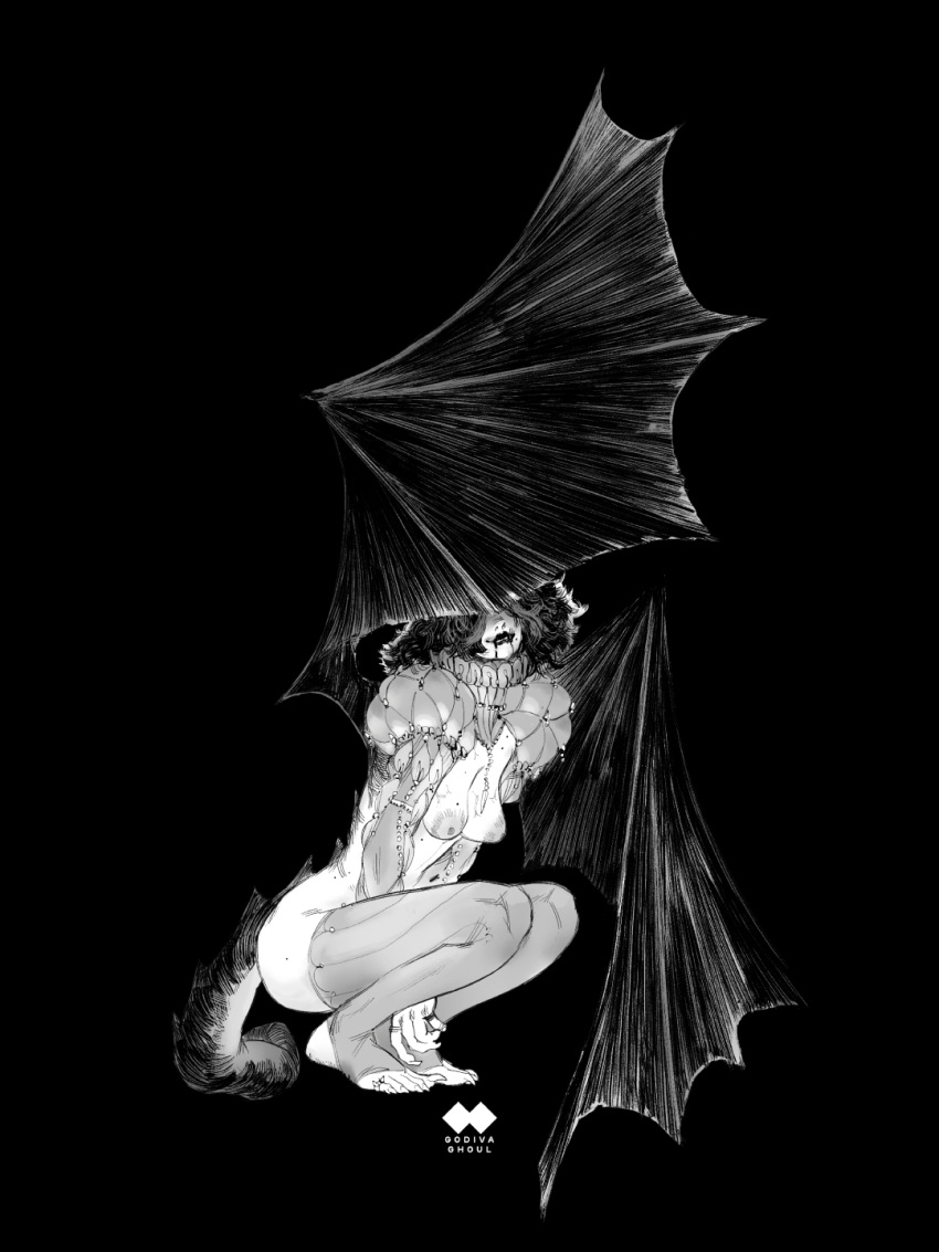 1girl artist_logo artist_name ass bat_wings between_legs black_background black_hair black_lips blood blood_in_mouth breasts closed_mouth covering_own_eyes facing_viewer feet fingernails from_side godiva_ghoul greyscale hand_between_legs highres jewelry large_wings leaning_forward legs_folded light_smile long_sleeves long_toenails medium_hair mole mole_on_breast mole_on_cheek monochrome multiple_moles multiple_rings neck_ruff nipples nose nostrils original puffy_sleeves ring sharp_fingernails sharp_toenails shrug_(clothing) simple_background solo spine squatting stirrup_legwear tail thighhighs toe_ring toeless_legwear toenails toes v_arms veins veiny_breasts wide_shot wings