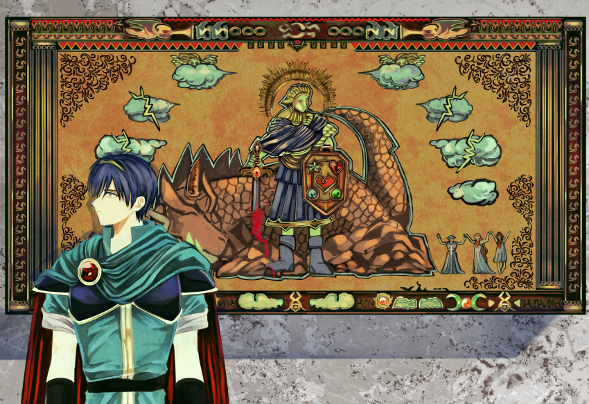 1boy absurdres ancestor_and_descendant armor bleeding blood blue_eyes blue_hair cape cloud dragon fire_emblem fire_emblem:_mystery_of_the_emblem halo highres holding instrument lightning marth_(fire_emblem) omlililimo painting_(object) picture_frame shield short_hair sword tiara trumpet upper_body weapon