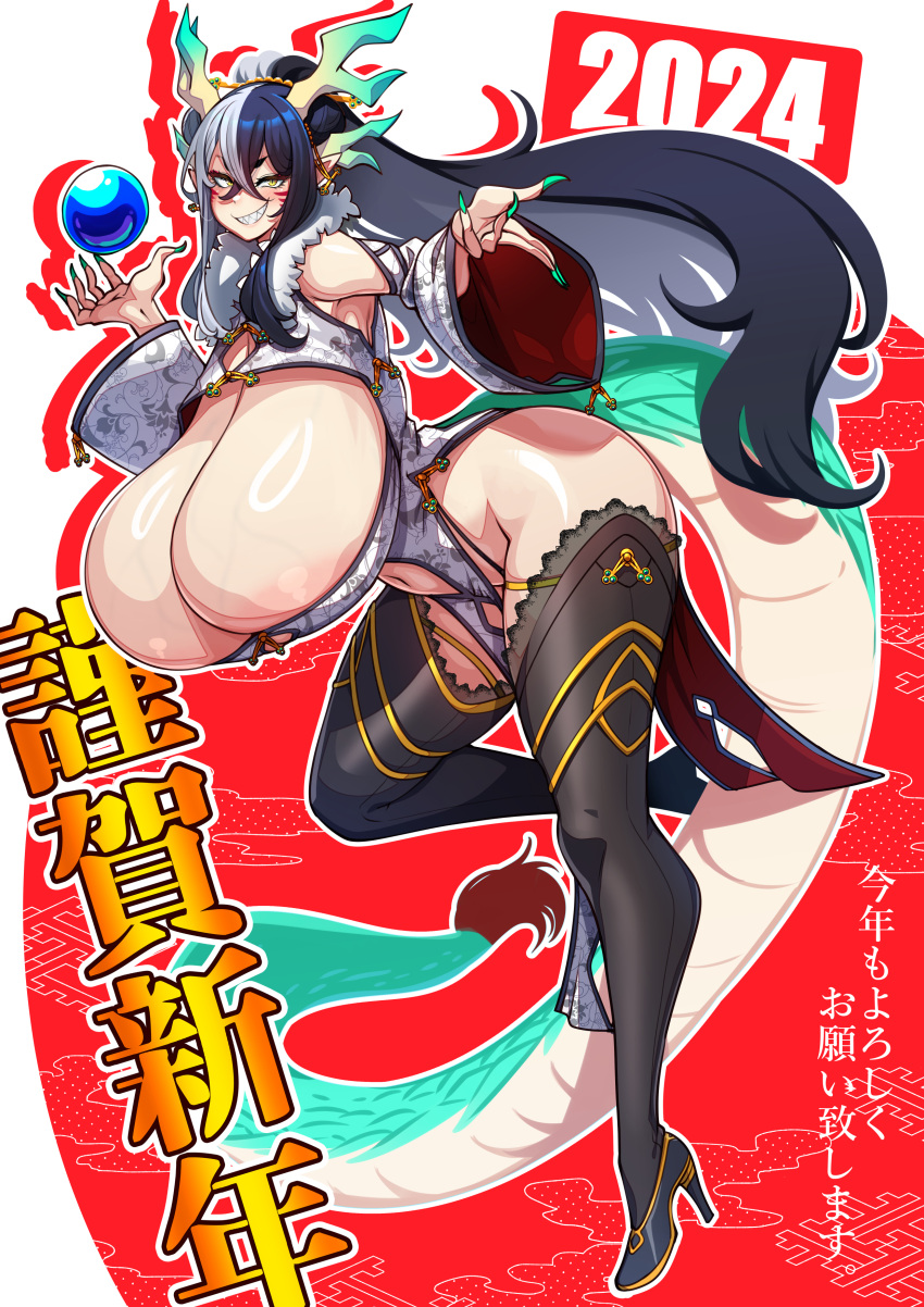 1girl 2024 absurdres black_hair breasts china_dress chinese_clothes chinese_zodiac cleavage commentary_request dragon_girl dragon_horns dragon_tail dress facial_mark fingernails hair_ornament high_heels highres horns huge_breasts konoshige_(ryuun) looking_at_viewer multicolored_hair naughty_face navel orb original sharp_fingernails sharp_teeth slit_pupils smile solo tail teeth thighhighs two-tone_hair white_hair year_of_the_dragon yellow_eyes