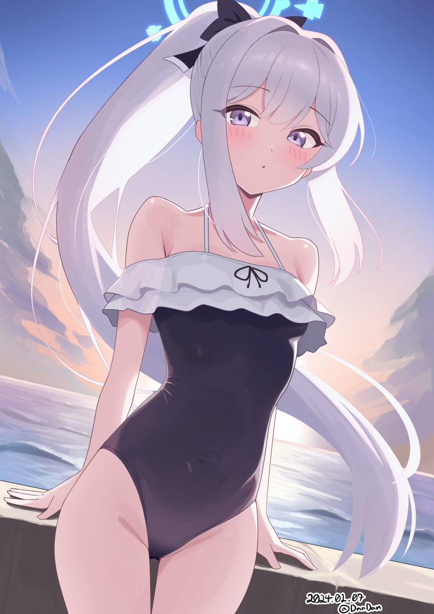 1girl :o absurdres black_bow black_one-piece_swimsuit blue_archive blue_halo bow commentary_request dandan_(uaee4742) dated evening hair_bow halo highres long_hair looking_at_viewer miyako_(blue_archive) miyako_(swimsuit)_(blue_archive) ocean official_alternate_costume one-piece_swimsuit orange_sky partial_commentary ponytail purple_eyes sky solo sunset swimsuit twitter_username white_hair