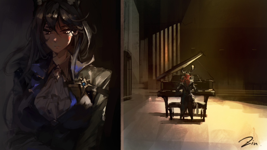 1boy 1girl animal_ears antlers arknights ascot black_hair black_jacket breasts collared_shirt commentary_request czerny_(arknights) deer_antlers deer_boy gertrude_strollo_(arknights) grand_piano highres indoors instrument jacket listening_to_music lonely_(1878056661) long_hair looking_down music piano playing_instrument playing_piano red_hair shirt sitting standing upper_body white_ascot white_shirt wolf_ears wolf_girl
