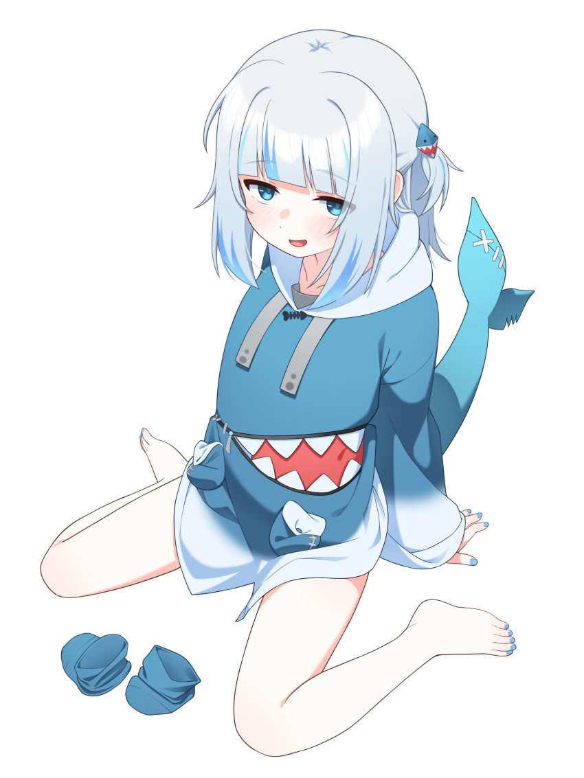 1girl absurdres arm_support barefoot blue_eyes blue_hair blue_hoodie blue_nails blue_socks blunt_bangs blush drawstring feet fingernails fins fish_tail flat_chest gawr_gura gawr_gura_(1st_costume) grey_hair hair_ornament highres hololive hololive_english hood hoodie long_hair long_sleeves looking_at_viewer multicolored_hair nail_polish no_pants open_mouth shark_girl shark_hair_ornament shark_print shark_tail sidelocks simple_background sitting sleeves_past_wrists smile socks solo streaked_hair tail tail_raised toenail_polish toenails toes two_side_up ugaaaa5 unworn_socks virtual_youtuber wariza white_background white_hood wide_sleeves