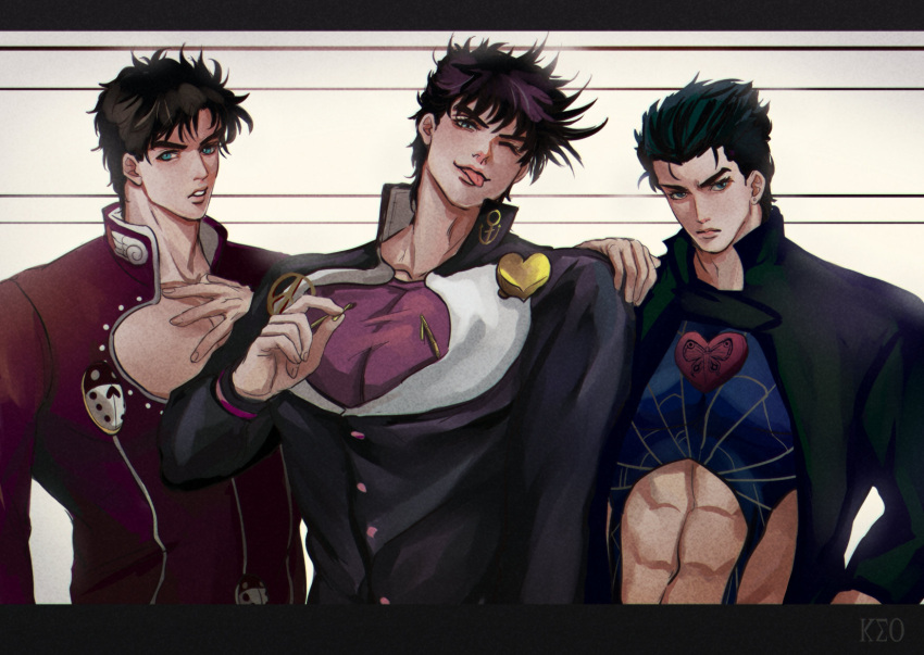 3boys :p battle_tendency black_hair brown_hair bug butterfly cosplay gakuran giorno_giovanna giorno_giovanna_(cosplay) green_eyes hand_on_own_chest heart higashikata_josuke higashikata_josuke_(cosplay) high_collar highres jojo_no_kimyou_na_bouken jonathan_joestar joseph_joestar joseph_joestar_(young) joseph_joestar_(young)_(cosplay) kujo_jolyne kujo_jolyne_(cosplay) kujo_jotaro ladybug long_coat male_focus midriff multiple_boys one_eye_closed oppi_(ksop28) phantom_blood school_uniform stardust_crusaders tongue tongue_out