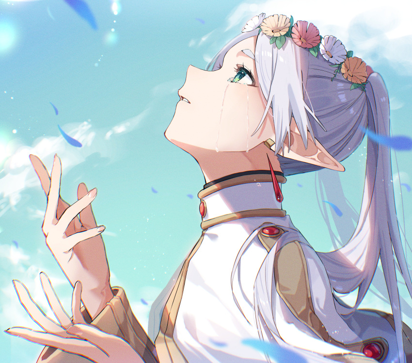 1girl absurdres blue_sky capelet cloud crying crying_with_eyes_open drop_earrings earrings elf falling_petals frieren from_side green_eyes grey_hair hands_up head_wreath highres jewelry long_hair looking_up parted_bangs parted_lips petals pointy_ears rinzawa sky solo sousou_no_frieren streaming_tears tears twintails white_capelet