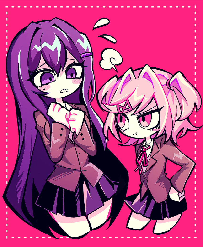 2girls :t blazer blush blush_stickers border bow bowtie brown_jacket collared_shirt commentary_request cropped_legs doki_doki_literature_club dotted_line flying_sweatdrops frown hair_ornament hairclip hands_on_own_hips hatosabure highres jacket long_hair looking_at_another multiple_girls natsuki_(doki_doki_literature_club) nervous pink_background pink_eyes pink_hair pleated_skirt purple_eyes purple_hair purple_skirt red_bow red_bowtie shirt short_hair simple_background skirt two_side_up white_shirt yuri_(doki_doki_literature_club)