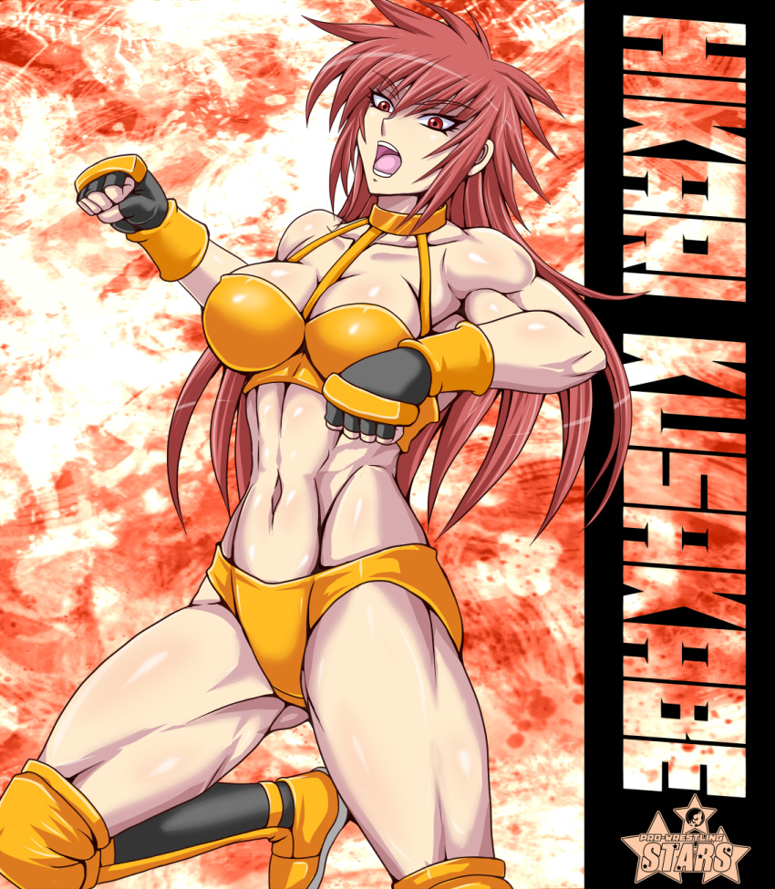 1girl abs bare_shoulders biceps black_gloves breasts character_name choker clenched_hands clothing_request collarbone color_request commentary_request fighting_stance fingerless_gloves gloves hair_flowing_over highres knee_pads kusakabe_hikari large_breasts logo looking_at_viewer messy_hair midriff muscular muscular_female navel open_mouth orange_choker orange_footwear orange_gloves original promo_poster punching red_eyes red_hair retro_artstyle shiny_skin solo spiked_hair standing standing_on_one_leg taroimo_(00120014) thick_thighs thighs tongue wrestling wrestling_boots wrestling_outfit