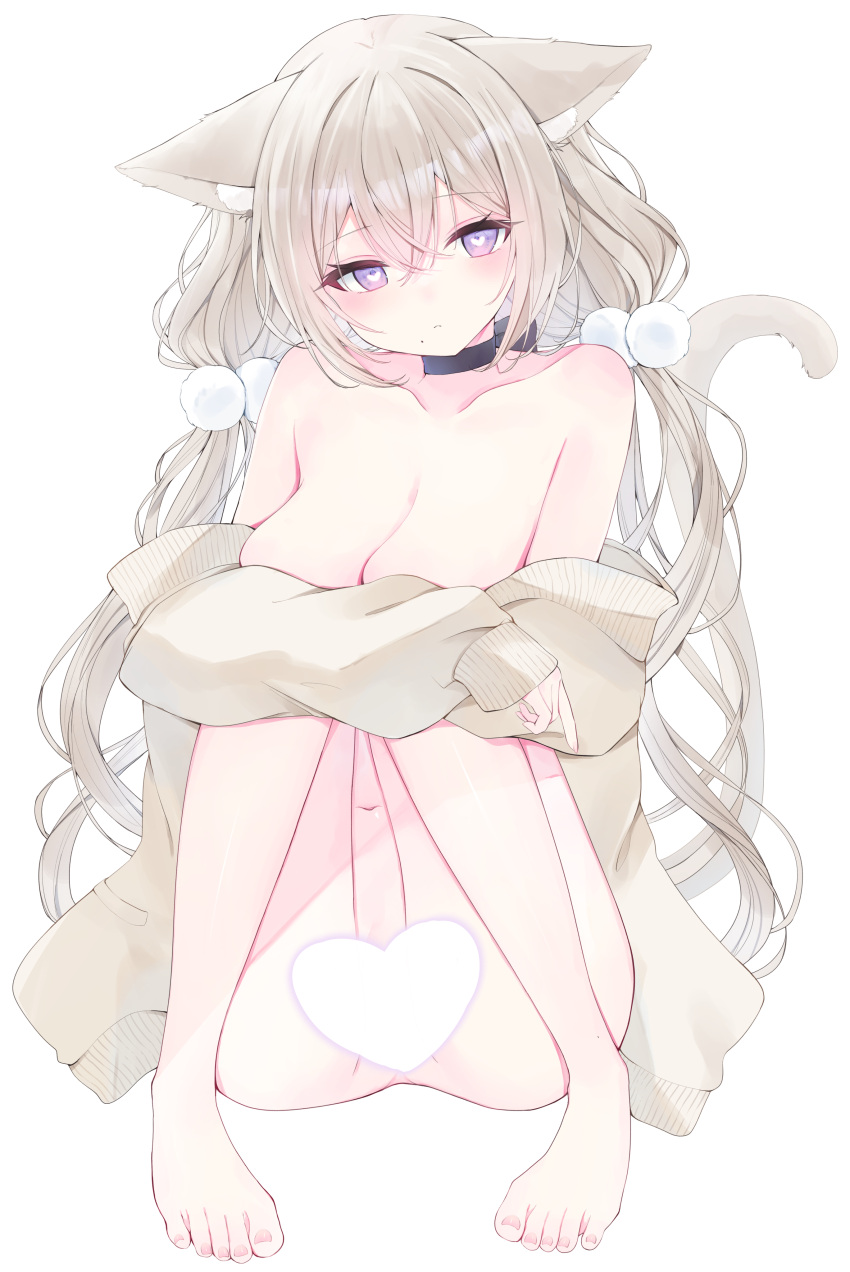 1girl absurdres animal_ears bare_shoulders black_choker blonde_hair breasts cardigan cat_ears cat_tail censored choker collarbone hair_between_eyes heart heart-shaped_pupils heart_censor highres long_hair medium_breasts naked_cardigan navel off_shoulder open_cardigan open_clothes original purple_eyes sitting solo symbol-shaped_pupils tail tsuyuri_eri twintails white_background