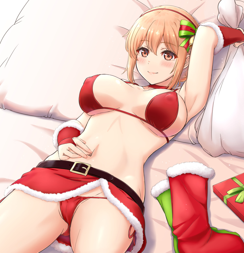 1girl arm_up bangs bed_sheet bell belt bikini black_belt blush bow breasts bridal_gauntlets christmas christmas_stocking closed_mouth commentary eyebrows_visible_through_hair fur-trimmed_skirt fur_trim gift gloves green_bow hair_bell hair_bow hair_ornament hair_ribbon hat highres inanaki_shiki large_breasts looking_at_viewer lying microskirt navel on_back on_bed pillow pink_eyes pink_hair red_bikini red_gloves red_ribbon red_skirt ribbon santa_bikini santa_gloves santa_hat short_hair side-tie_bikini sidelocks skirt smile solo string_bikini swimsuit yahari_ore_no_seishun_lovecome_wa_machigatteiru. yuigahama_yui's_mother