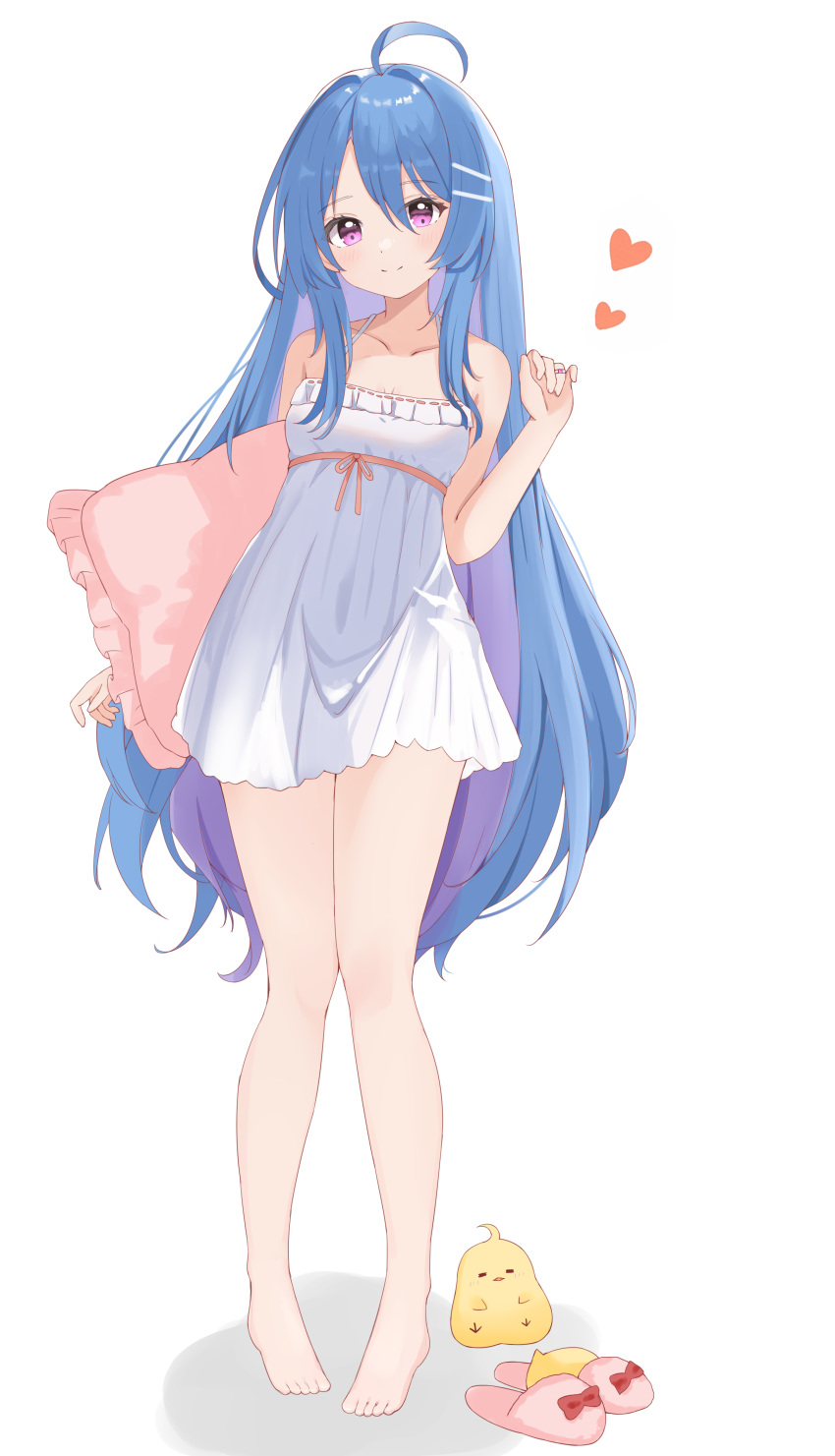 1girl absurdres ahoge alternate_costume azur_lane babydoll bird blue_hair chick full_body hand_up heart helena_(azur_lane) highres holding holding_pillow jewelry long_hair manjuu_(azur_lane) pigeon-toed pillow purple_eyes ring shichimiyagin slippers spaghetti_strap standing very_long_hair white_babydoll white_background