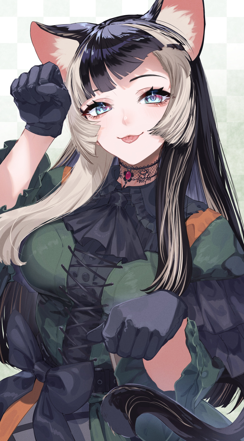 1girl absurdres animal_ears black_gloves black_hair blue_eyes cat_ears choker dress gloves green_dress grey_hair highres hololive hololive_dev_is juufuutei_raden lace lace_choker long_hair multicolored_hair murechika paw_pose tongue tongue_out two-tone_hair virtual_youtuber