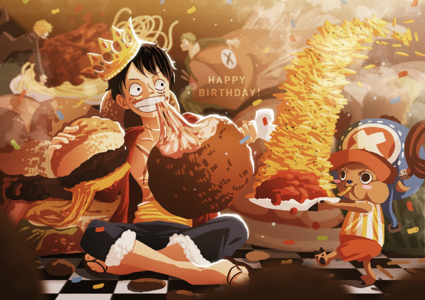 4boys black_hair blue_shorts burger commentary_request confetti crossed_legs crown doccoi eating food french_fries happy_birthday hat highres looking_to_the_side male_focus meat monkey_d._luffy multiple_boys one_piece pasta roronoa_zoro sandals sanji_(one_piece) sash scar scar_on_face short_hair shorts sitting straw_hat tony_tony_chopper yellow_sash