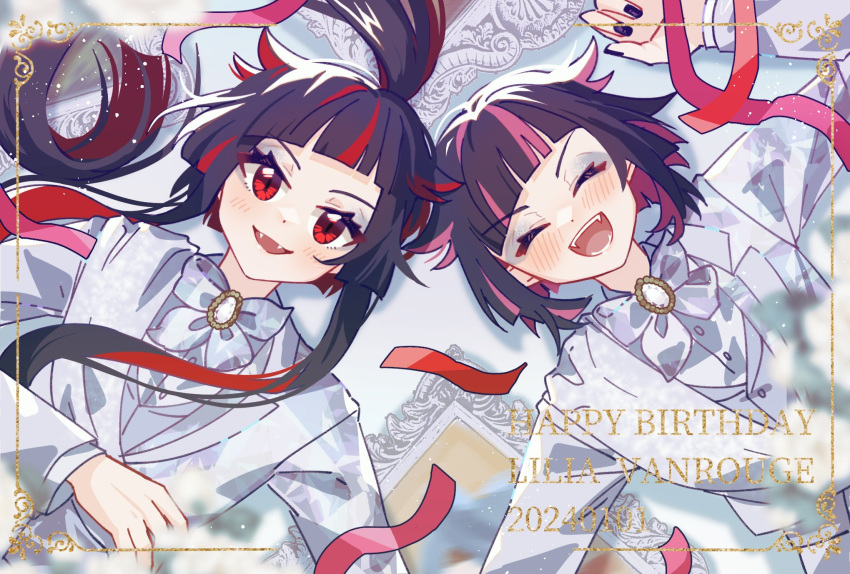 2boys :d ^_^ black_hair black_nails brooch character_name closed_eyes confetti dated dual_persona fangs from_above grey_jacket grey_vest hair_flaps happy_birthday highres jacket jewelry lilia_vanrouge long_hair long_sleeves looking_at_viewer lying male_focus multicolored_hair multiple_boys on_back open_mouth picture_frame pink_hair ponytail red_eyes red_hair riko_shinkai shirt short_hair smile twisted_wonderland upper_body vest white_gemstone white_shirt