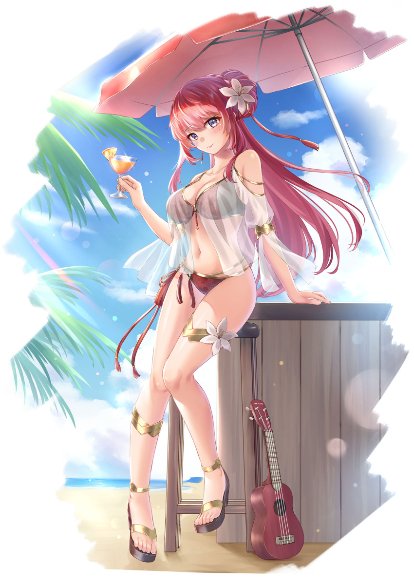1girl akashic_chronicle arm_support beach beach_umbrella bikini blue_sky blush breasts clothing_cutout cloud cloudy_sky cup feet flower full_body gold_trim hair_bun hair_flower hair_ornament hand_up highres holding holding_cup hwang_jini_(akashic_chronicle) instrument knees_together_feet_apart large_breasts legs long_hair looking_at_viewer navel outdoors palm_tree purple_eyes red_bikini red_hair sandals sebu_illust see-through see-through_shirt shadow shoulder_cutout sidelocks sitting sky smile solo stomach strappy_heels swimsuit tassel toenails toes tree ukulele umbrella very_long_hair white_flower