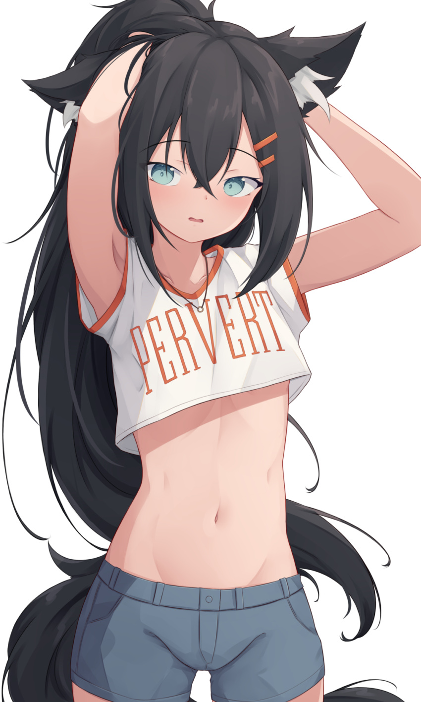 1girl adjusting_hair animal_ear_fluff animal_ears arms_up black_hair blue_eyes blue_pants clothes_writing crop_top cropped_shirt fox_ears fox_girl fox_tail hair_ornament hairclip highres long_hair looking_at_viewer midriff navel original pants rika_(trimbil) shirt short_shorts shorts simple_background solo standing tail trimbil white_background white_shirt