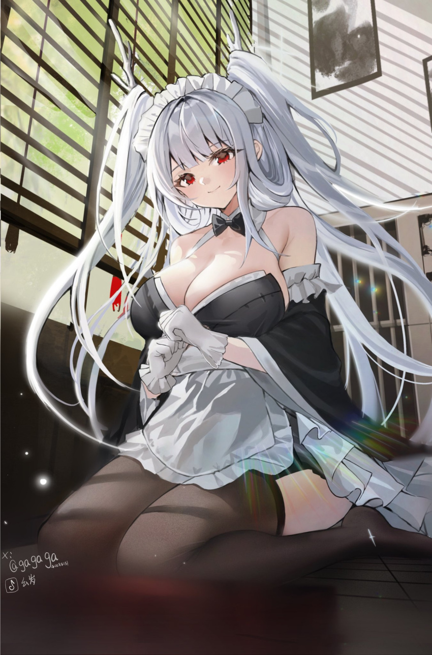 1girl apron azur_lane bare_shoulders black_bow black_bowtie black_thighhighs bow bowtie commentary_request detached_sleeves frilled_sleeves frills gloves head_tilt highres indoors komuer long_hair long_sleeves looking_at_viewer maid no_shoes official_alternate_costume red_eyes shimanto_(azur_lane) shimanto_(the_comfy_dragon_god)_(azur_lane) signature sitting smile solo thighhighs thighs twintails twitter_username very_long_hair waist_apron wariza white_apron white_gloves white_hair window_blinds
