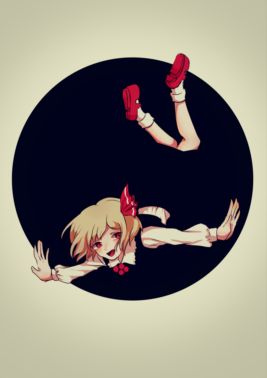 1girl absurdres black_skirt black_vest blonde_hair collared_shirt darkness fang full_body highres long_sleeves looking_at_viewer mary_janes medium_hair open_mouth red_eyes red_footwear rumia shirt shoe_soles shoes simple_background skirt socks solo t-pose touhou vest white_shirt white_socks zero_nana