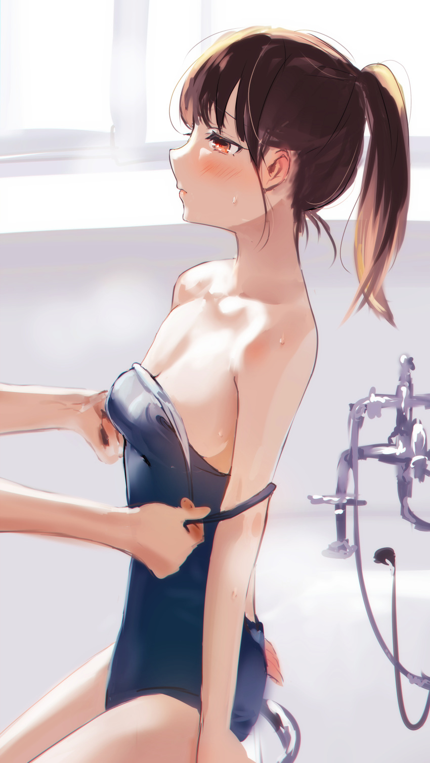1girl 1other absurdres arm_support backless_swimsuit bare_shoulders bathroom bathtub blue_swimsuit blush breasts brown_hair cleavage clothes_pull collarbone ear_blush embarrassed hands highres holding holding_clothes holding_swimsuit looking_away nape off_shoulder original ponytail profile pulled_by_another sideboob sitting small_breasts strap_pull sweatdrop swimsuit swimsuit_pull tomozero window