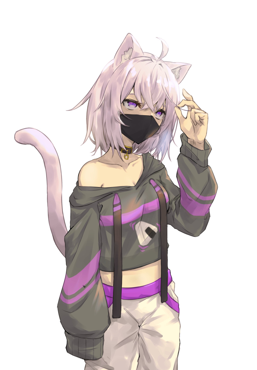 1girl absurdres ahoge animal_collar animal_ear_fluff animal_ears baggy_clothes baggy_pants black_collar black_hoodie breasts cat_ears cat_tail cleavage collar covered_mouth cropped_hoodie crossed_bangs double-parted_bangs drawstring food food_print hair_between_eyes highres hololive hood hoodie long_sleeves mask messy_hair midriff mouth_mask nekomata_okayu nekomata_okayu_(1st_costume) ocha_illust off_shoulder onigiri onigiri_print pants purple_eyes purple_hair short_hair sleeves_past_wrists solo sweatpants tail virtual_youtuber white_pants